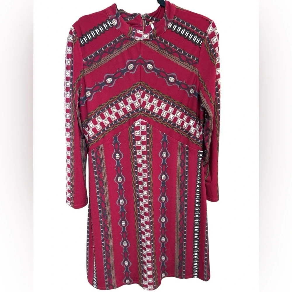 Free People Stella Mini Dress Red Geo Print 70s Boho Retro Sz Large NWT
